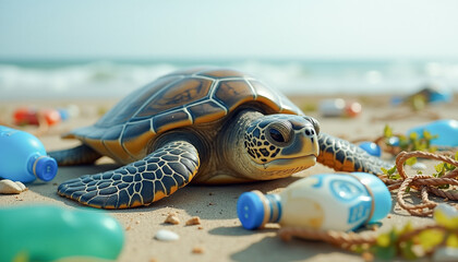 Juvenile sea turtle struggling on beach littered with blue plastic and green nets, illustrating environmental urgency for wildlife conservation awareness.
