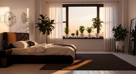 Serene Bedroom With Plants and Sunlight, Creating a Calm and Comfortable Atmosphere