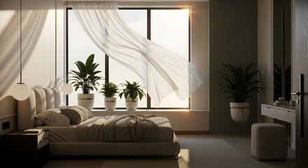 Serene Bedroom, Sunlit, Offering Tranquility, Gentle Breeze, Lush Green Plants, Elegant Design