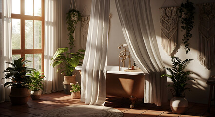 Serene Bohemian Bathroom Filled With Greenery And Natural Light Creating Tranquility
