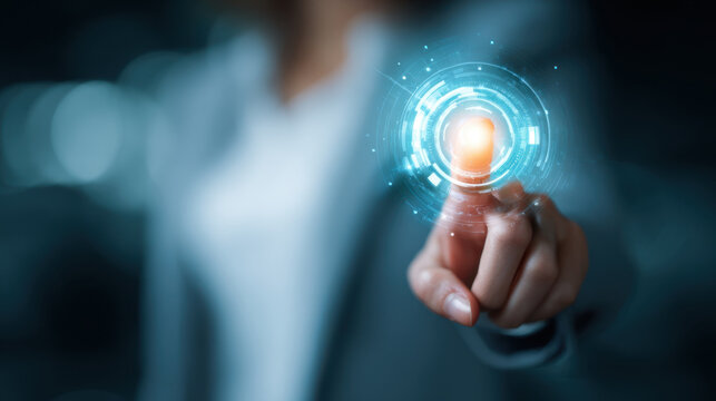 Person interacts with futuristic digital interface, showcasing technology and innovation. glowing circular graphic represents advanced data processing and connectivity, evoking sense of progress