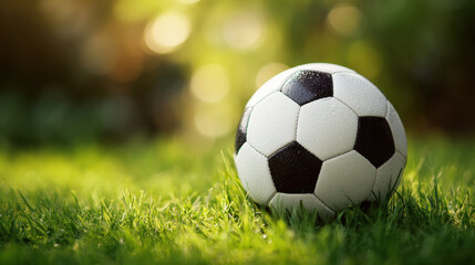 Close up view of soccer ball resting on lush green grass, glistening with dew in warm sunlight, evokes sense of excitement and anticipation for game ahead