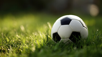 Classic black and white soccer ball rests on vibrant green grass, capturing essence of outdoor sports and playfulness. scene evokes sense of excitement and anticipation for game ahead