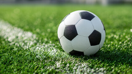 Fototapeta premium Close up view of soccer ball resting on green artificial turf field, showcasing its classic black and white pattern. scene evokes sense of excitement and anticipation for game ahead