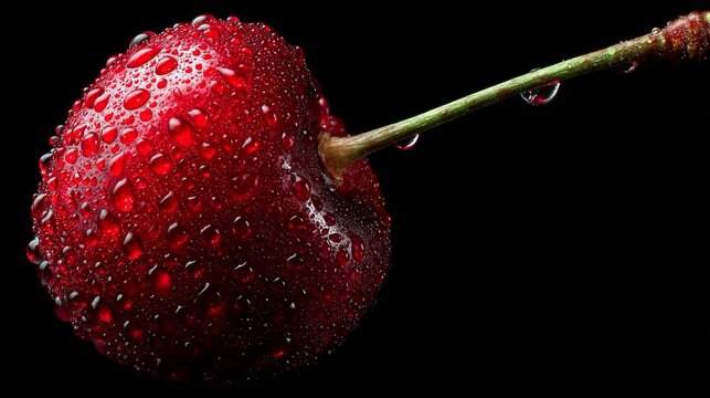 Close up of single ripe cherry with water droplets isolated against black background fruit concept highlighting healthy nutrition natural freshness sweet food lifestyle
