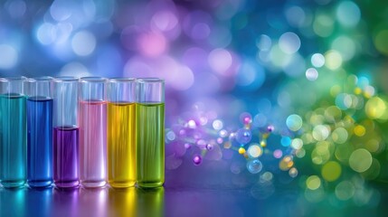 Colorful chemical liquid reagents in glass test tubes for scientific laboratory research experiments against abstract vibrant bokeh lights and molecular forms for discovery.