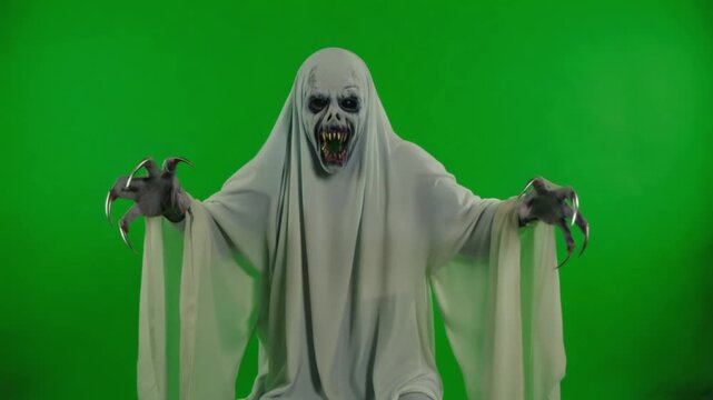 Creepy ghost figure with long claws and white sheet costume on a green screen background image halloween ghost green screen video