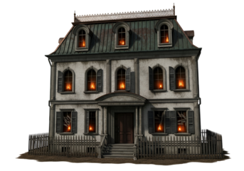 An aged, dilapidated house with flickering candles in its broken windows evokes a sense of mystery and foreboding.