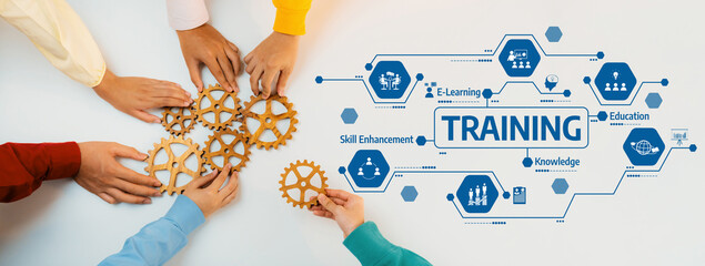 Diverse hands collaborate to connect gears, symbolizing teamwork in training and education. Digital icons emphasize skill enhancement and knowledge acquisition through e-learning. Amity