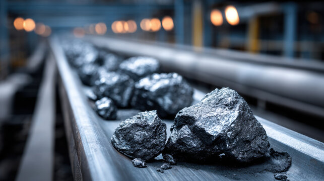 Industrial conveyor belt transporting raw minerals, showcasing large chunks of dark metallic ore. scene conveys sense of production and resource extraction in factory setting
