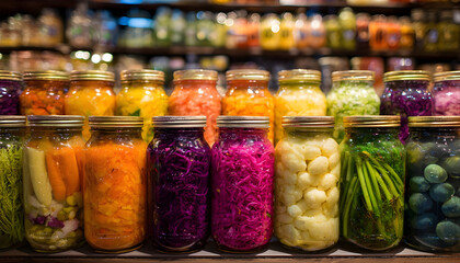 A Colorful and Vibrant Collection of Assorted Fermented Foods Displayed in Clear Glass Jars Featuring an Exciting Row of Jars Filled with Various Types of Vegetables