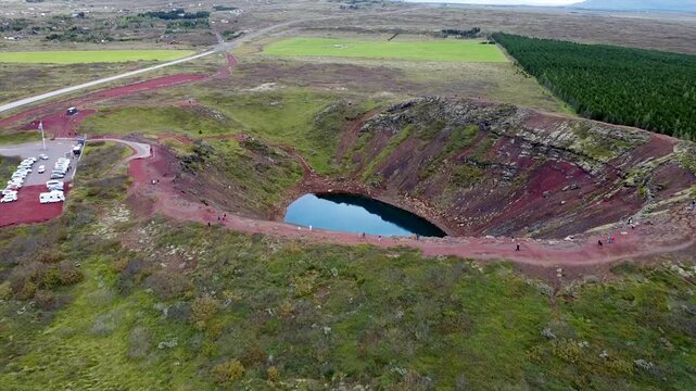 Aerial Drone Approach Of Kerid Crater Iceland