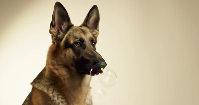 Intelligent German Shepherd comically confused by a floating soap bubble