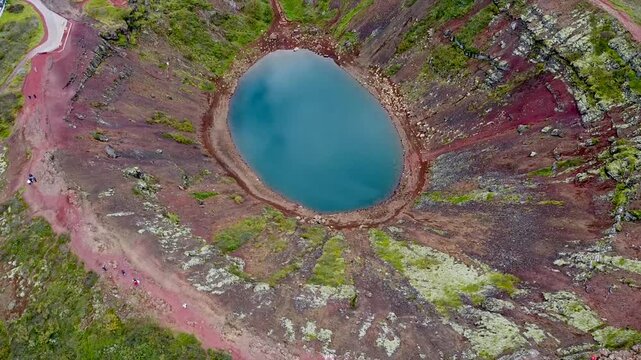 Overview of Kerid Crater Iceland Tourists on Rim Trail