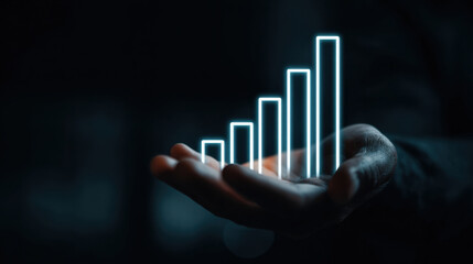 Hand holding glowing bar graph, symbolizing growth and progress in business or finance. dark background enhances visual impact of illuminated bars, conveying sense of innovation and success
