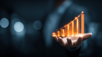 Business professional holds glowing bar graph representing growth and success, symbolizing financial progress and achievement in modern, digital environment
