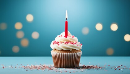 cupcake with candle birthday cupcake with red candle on light blue background
