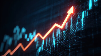 Dynamic graph displays upward trend, symbolizing growth and progress in data analysis. vibrant orange line contrasts against dark background, emphasizing positive trajectory