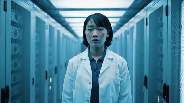 Woman in lab coat in server room