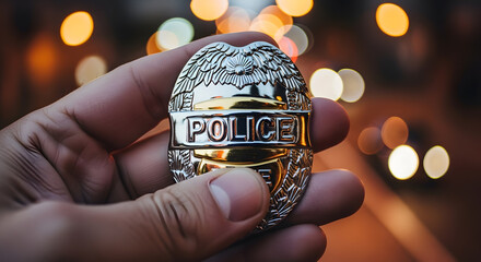 Close-up of hand holding metallic police badge, shiny texture, bokeh background of illuminated street at night