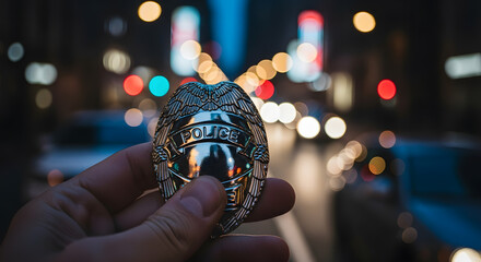 Close-up of hand holding metallic police badge, shiny texture, bokeh background of illuminated street at night