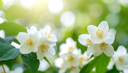 Fototapeta premium Close-up of white jasmine blossoms in sunlight