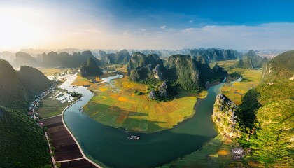 aerial view of tam coc which is a very famous destination of ninh binh city
