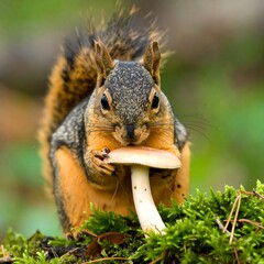 Fototapeta premium A close-up of a squirrel holding and eating a mushroom, showcasing its detailed fur patterns and curious expression.