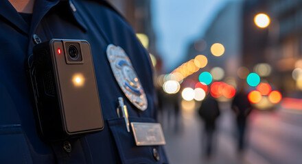 Close-up of body camera fixed on police uniform, light reflection, bokeh background of busy street