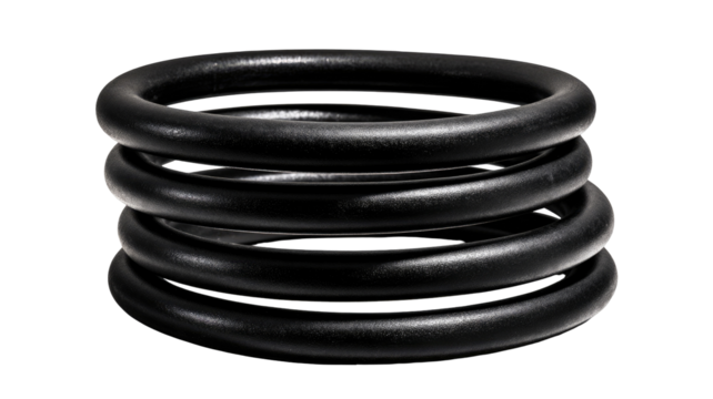 Stacked black rubber rings.  Close-up view of several interconnected rings, appearing textured,  and a dark, solid color