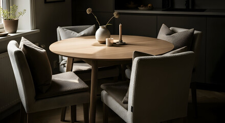 Fototapeta premium Sophisticated Dining Room Scene With A Round Table And Minimalist Aesthetic