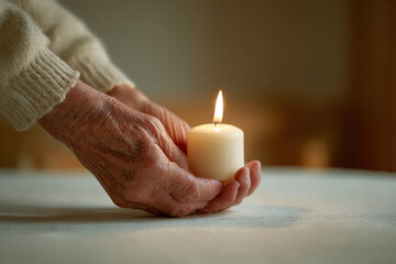 warm and intimate moment captured in dimly lit room where gentle hands of grandmother and child cradle lit candle