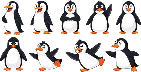 Cartoon penguin characters in various poses and expressions, cute arctic animals illustration, playful wildlife mascot, emotions, winter, cold climate, fun, vector art