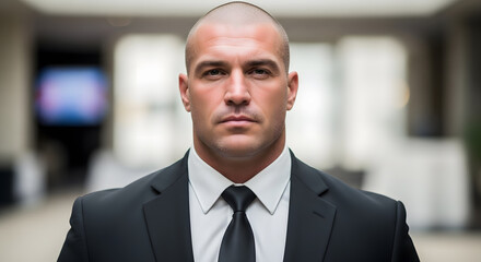 Fototapeta premium Male private security guard portrait, dark suit, attentive look, closed mouth, blurred background