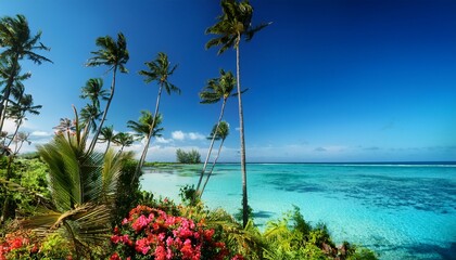 tropical paradise with crystal clear blue lagoon and swaying coconut palm trees surrounded by lush greenery and vibrant tropical flowers blue sky lush greenery