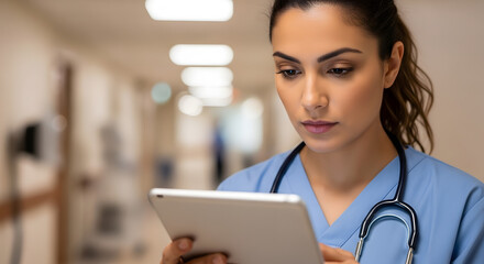 Close-up of nurse checking blank tablet, serious expression, blurred hospital background