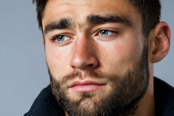 Obraz premium closeup portrait of bearded man exuding determination and effort his intense expression essence of struggle