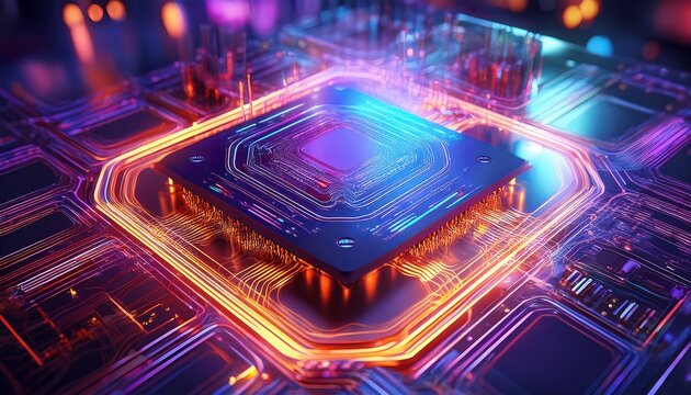 a radiant ai enhanced microchip floating in a high tech lab holographic light projections display deep learning algorithms wrapping around the processor the shimmering blue orange and violet