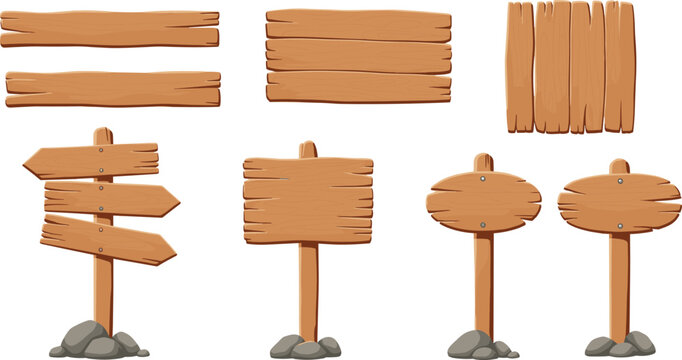 Cartoon wooden signboards set, directional arrows, blank planks, rustic game asset pack, cad drawing flat vector illustration