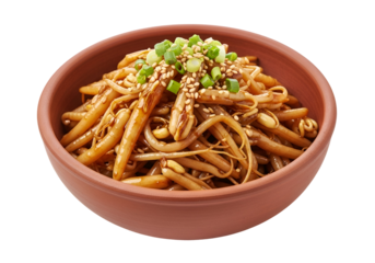 A delicious dish of stir-fried bean sprouts, garnished with sesame seeds and scallions, presented in a rustic terracotta bowl.