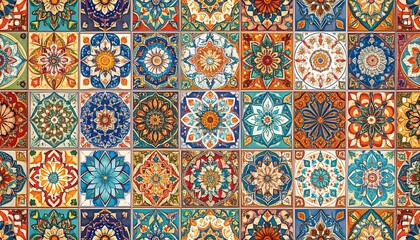 Vibrant, ornate decorative tiles, a colorful mosaic design with intricate floral patterns in a variety of warm and cool tones.