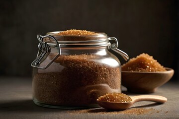 Glass jar filled with brown sugar next to a small bowl and wooden spoon