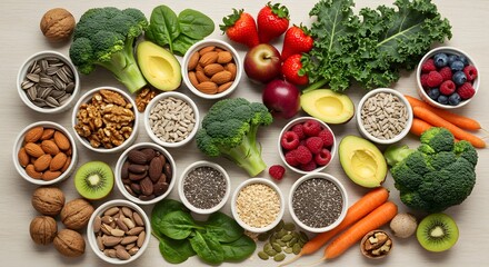 An array of healthy foods beautifully arranged in small bowls. The assortment features vibrant fruits, fresh vegetables, and nutritious nuts