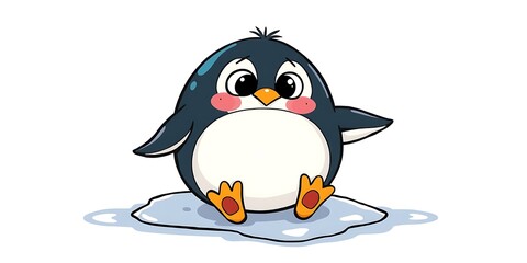 Obraz premium An adorable cartoon penguin sitting on a patch of ice with rosy cheeks. This cute illustration is great for themes of winter, animals, and seasonal fun.