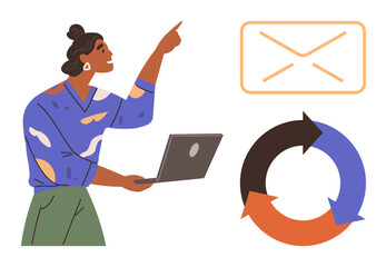 Woman holding a laptop, pointing at an envelope icon with a circular arrow diagram nearby. Ideal for communication, teamwork, workflow, productivity, email, collaboration process illustration. A