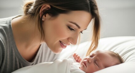 Loving young mother gently gazes at her peaceful sleeping newborn infant. A moment of deep thankfulness and quiet happiness for this precious new life. Pure joy and grateful blessing.