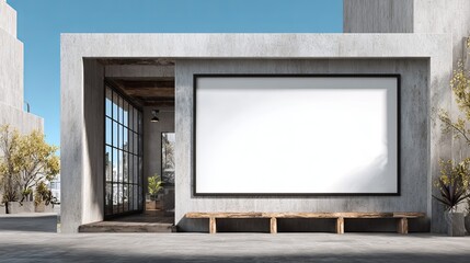 Modern concrete building facade featuring blank poster, window and wood bench for advertising banner mockup with blue sky
