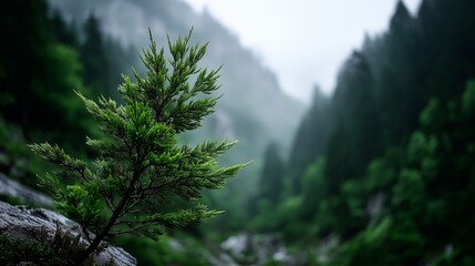 Young Pine Tree Growing On Rocky Mountain Slope With Misty Evergreen Forest And Fog Covered Valley In Remote Wilderness Landscape
