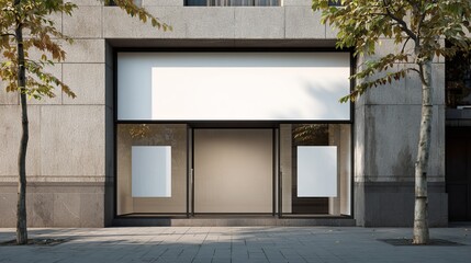 Urban storefront mockup showcasing retail potential, blank banner advertising design with trees and concrete sidewalk, clean.