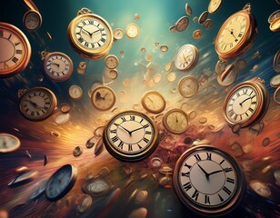 several clocks falling concept of time flying or disorganized time